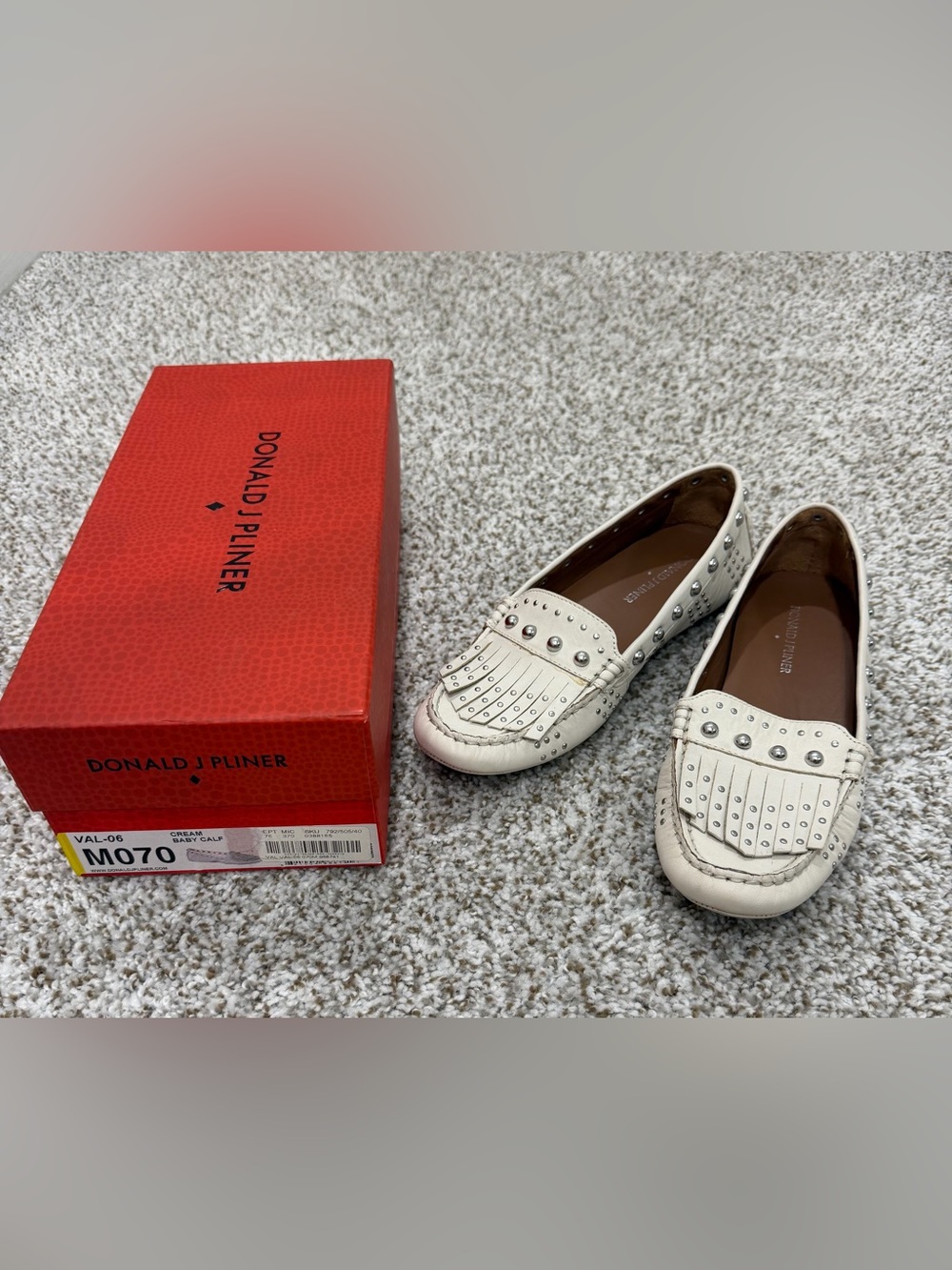 Donald J. Pliner Cream Leather Studded Fringe Loafers